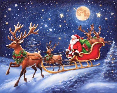 Santa Claus in a sleigh with reindeer. Christmas background.の素材