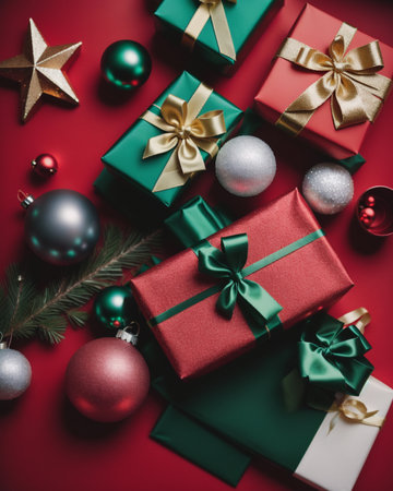 Christmas or New Year background with gift boxes and decorations on red. Top view.の素材