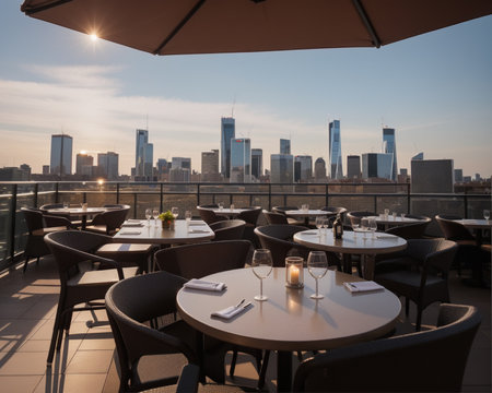 Luxury restaurant terrace with a view of the city skylineの素材