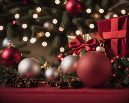 Christmas background with red and silver baubles and christmas tree.の素材