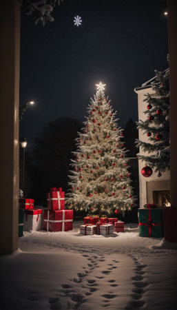 Christmas tree in the snow with gift boxes and star on the backgroundの素材