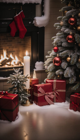 Christmas tree with gifts and candle on the background of a fireplace.の素材