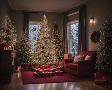Christmas tree with presents in the living room. 3d rendering.の素材