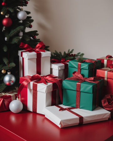 Christmas tree, gifts and toys on a red table against a gray wallの素材