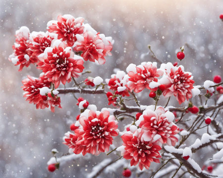 Red flowers covered with snow on a background of a winter landscape.の素材