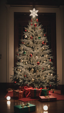 Christmas tree with gifts in front of the door. Christmas background. New Yearの素材