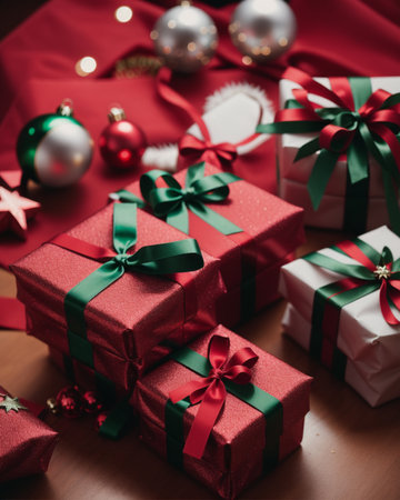 Christmas gift boxes with ribbons and christmas decorations on wooden backgroundの素材
