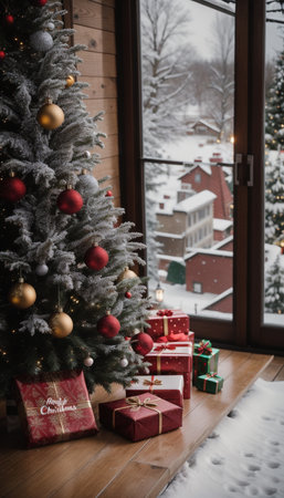 Christmas tree and gifts on the background of the window. Christmas and New Yearの素材