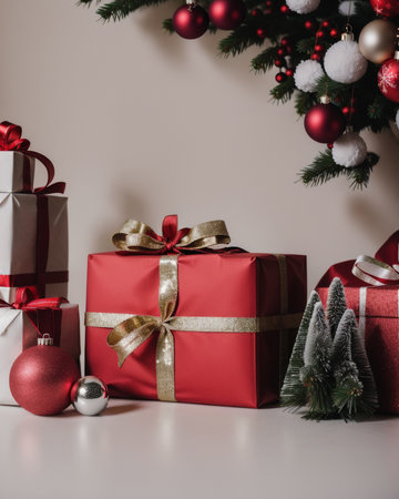 Christmas tree with gift boxes on white table. Christmas and New Year backgroundの素材