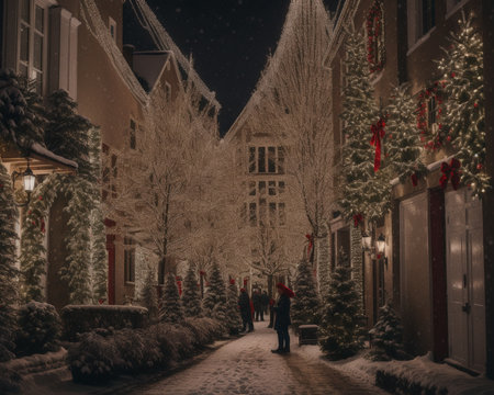 Couple in love on a snowy winter night in the city.の素材