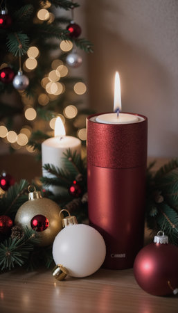 Burning candle on the background of the Christmas tree and Christmas decorationsの素材