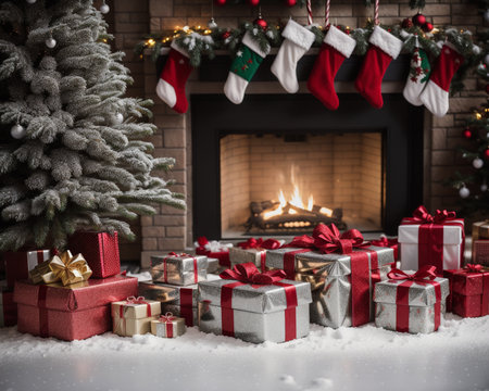 Christmas presents in front of fireplace at home. Winter holiday concept.の素材