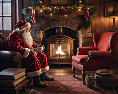 Santa Claus sitting in armchair and holding cup of hot drink in front of fireplaceの素材