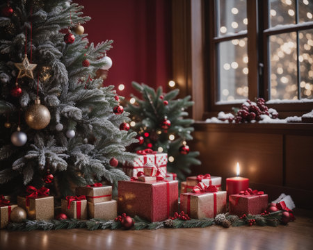 Christmas tree with presents and candles in living room at night. Christmas backgroundの素材