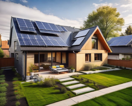House with solar panels installed on the roof. Renewable energy concept.の素材