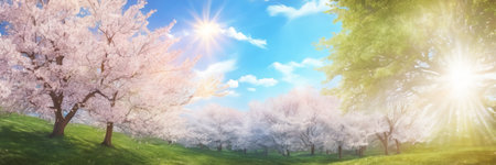 Cherry blossoms in full bloom on blue sky background, horizontal bannerの素材