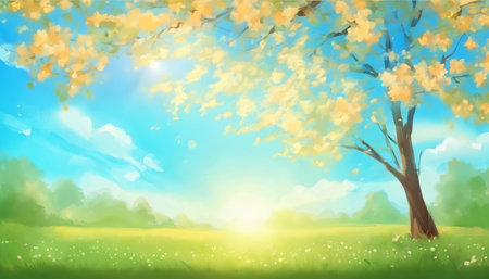 Illustration of a summer landscape with tree, grass and flowers.の素材