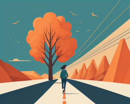 Woman walking on the road in the autumn forest. Vector illustration.の素材