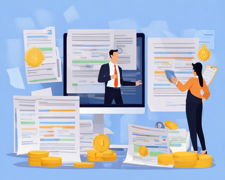 Business people working on computer screen. Man and woman working with documents and coins. Vector illustrationの素材