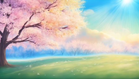 Cherry blossom tree landscape background with sun rays and lens flareの素材