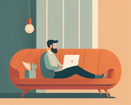 Man sitting on sofa with laptop. Vector illustration in flat style.の素材