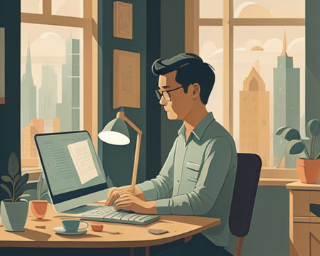 Vector illustration of a young man working on a laptop in a cafe.の素材