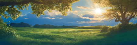 Panorama of green meadow and trees at sunset. Nature backgroundの素材