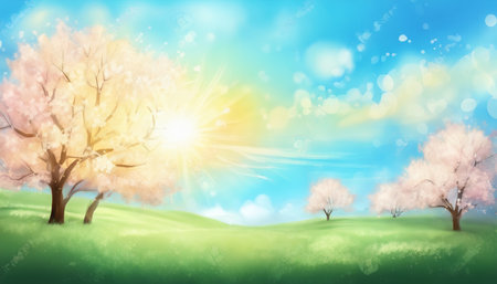 Cherry blossom tree landscape background. Spring nature vector illustration.の素材