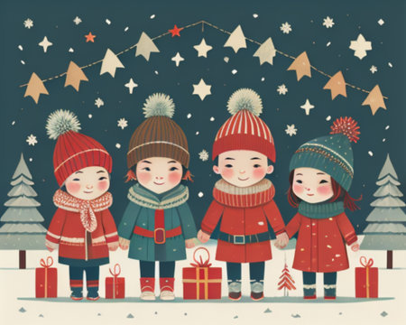 Christmas card with cute little children in winter clothes. Vector illustration.の素材