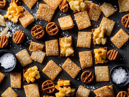 crispy crackers with cheese and nuts on a black backgroundの素材