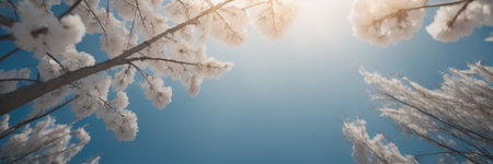 Beautiful white sakura flowers blooming on blue sky background.の素材
