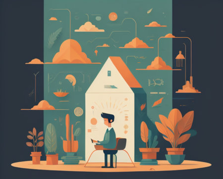 Vector illustration of a man working at home on a laptop. Work from home conceptの素材