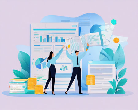 Businessman and businesswoman working together with financial report. Vector illustrationの素材