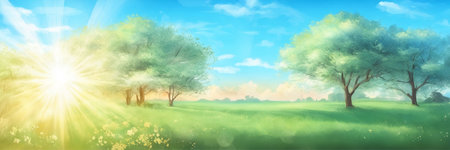 Beautiful summer landscape with meadow, trees and sun. Vector illustration.の素材