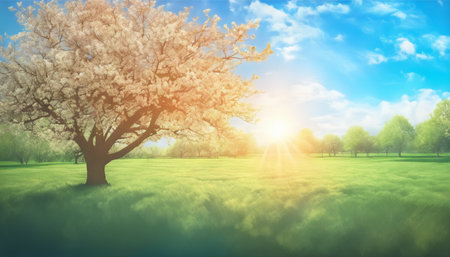 Blossoming tree on a background of green grass and blue skyの素材