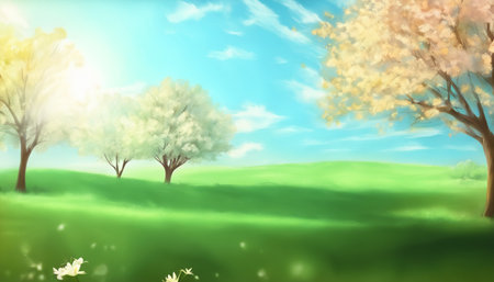 Spring landscape with trees, grass and clouds. EPS 10 vector file includedの素材