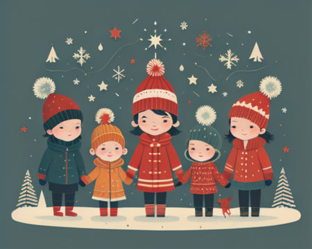 Happy family in winter clothes and hats. Vector illustration of children with Christmas tree.の素材