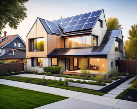 Modern house with solar panels on the roof. Alternative energy source.の素材