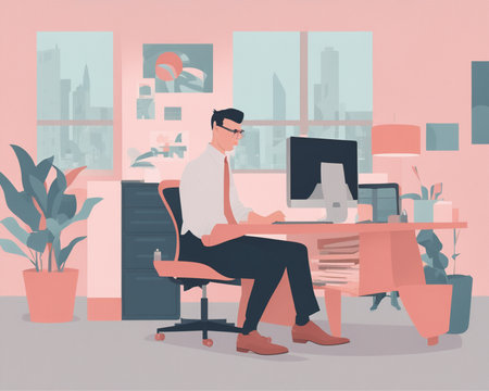 Businessman sitting at desk in office. Vector illustration in flat styleの素材