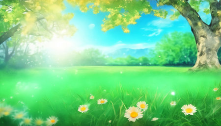 Summer landscape with meadow and daisies. Nature background.の素材