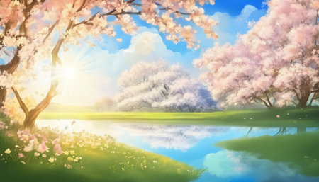 Cherry blossom spring background with water reflection, vector illustration.の素材