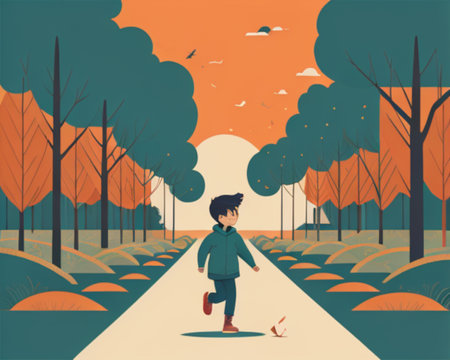 Boy running in the autumn park. Vector illustration in flat style.の素材