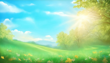 Summer landscape with meadow, sun and clouds. Vector illustration.の素材