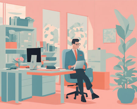 Businessman working in the office. Vector illustration in flat style.の素材