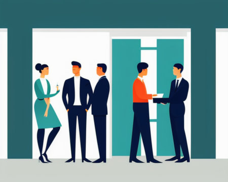 Business people standing in front of the door. Vector illustration in flat styleの素材