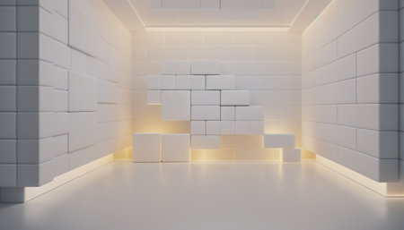 3d rendering. Futuristic interior with white cubes on the wallの素材