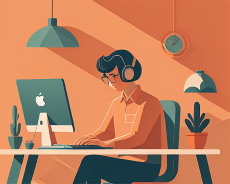 Vector illustration of a man in headphones working at the computer in the officeの素材