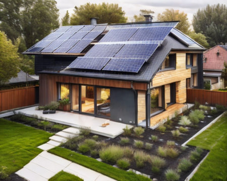 House with solar panels on roof. Photovoltaic modules on roof.の素材
