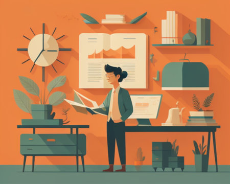 Vector illustration of a businesswoman working in the office. Flat designの素材