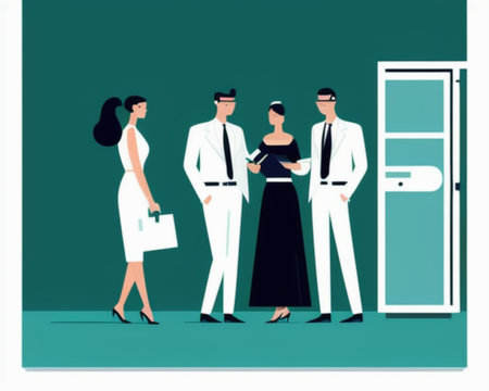 Business people standing in front of the door. Vector illustration in flat styleの素材